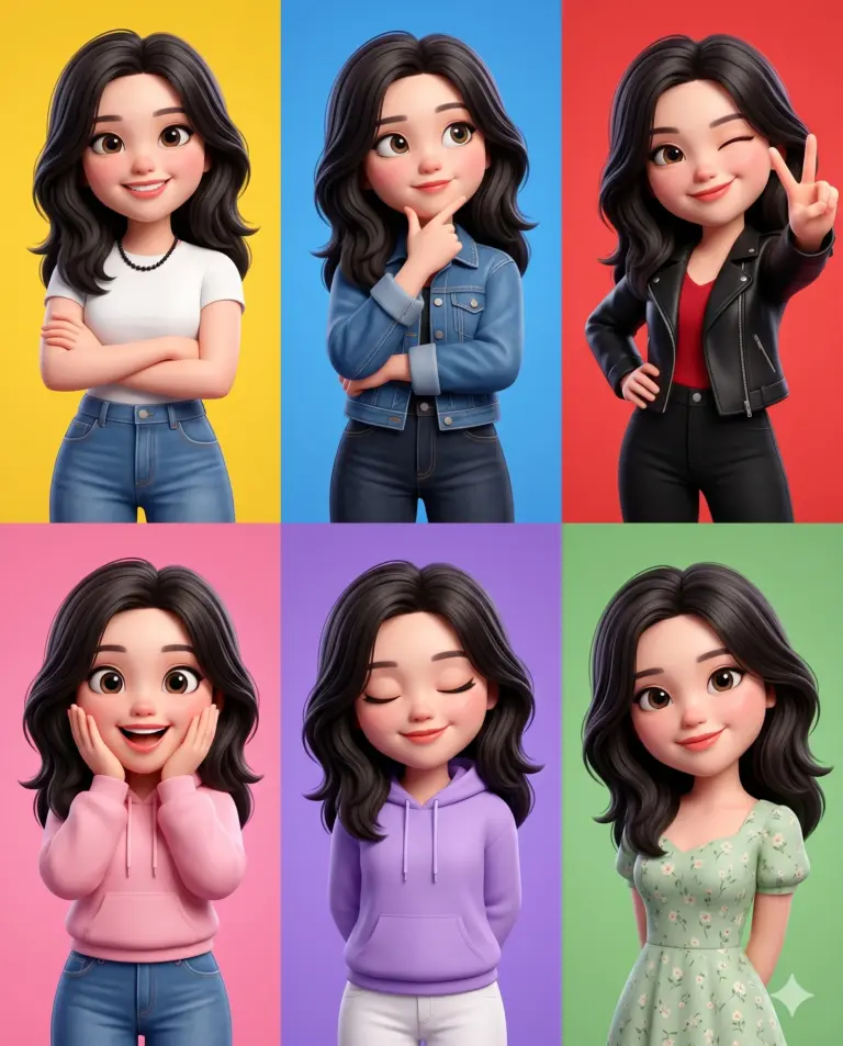 AI generated digital illustration featuring a grid of six expressive female character variations with wavy dark hair and stylish outfits against vibrant solid-color backgrounds.
