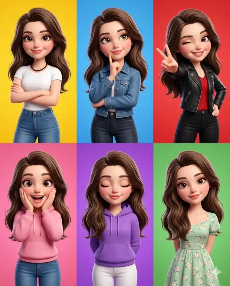 3D Animated Girl Expressions AI Photo Editing Prompt. AI generated 3D digital illustration of a girl in six different outfits and poses displayed in a vibrant six-panel colorful grid.