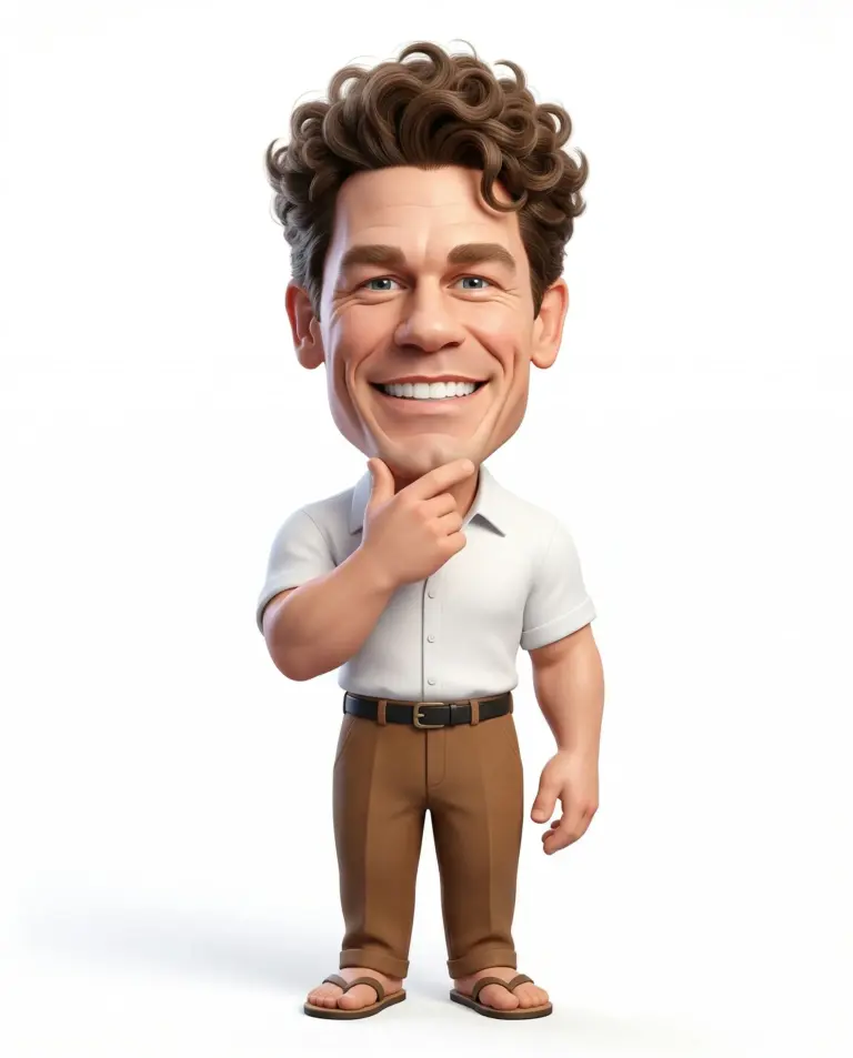 Smiling 3D Caricature Male Character Prompt. AI generated 3D character illustration of a smiling man with brown curly hair, wearing a white short-sleeved shirt and brown trousers, posing with his hand on his chin against a plain white background.