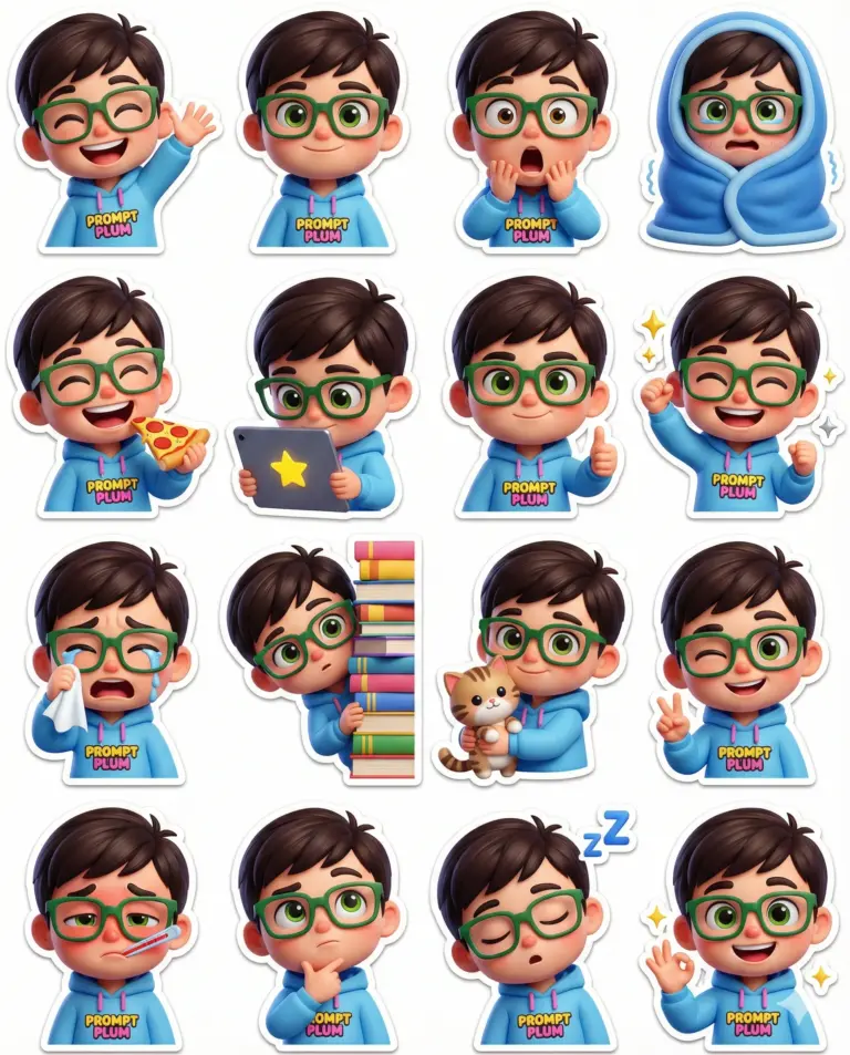 16 expressive 3D cartoon stickers of a boy with green glasses and a 'PROMPT PLUM' hoodie, showcasing various moods and actions like waving, eating pizza, and sleeping.