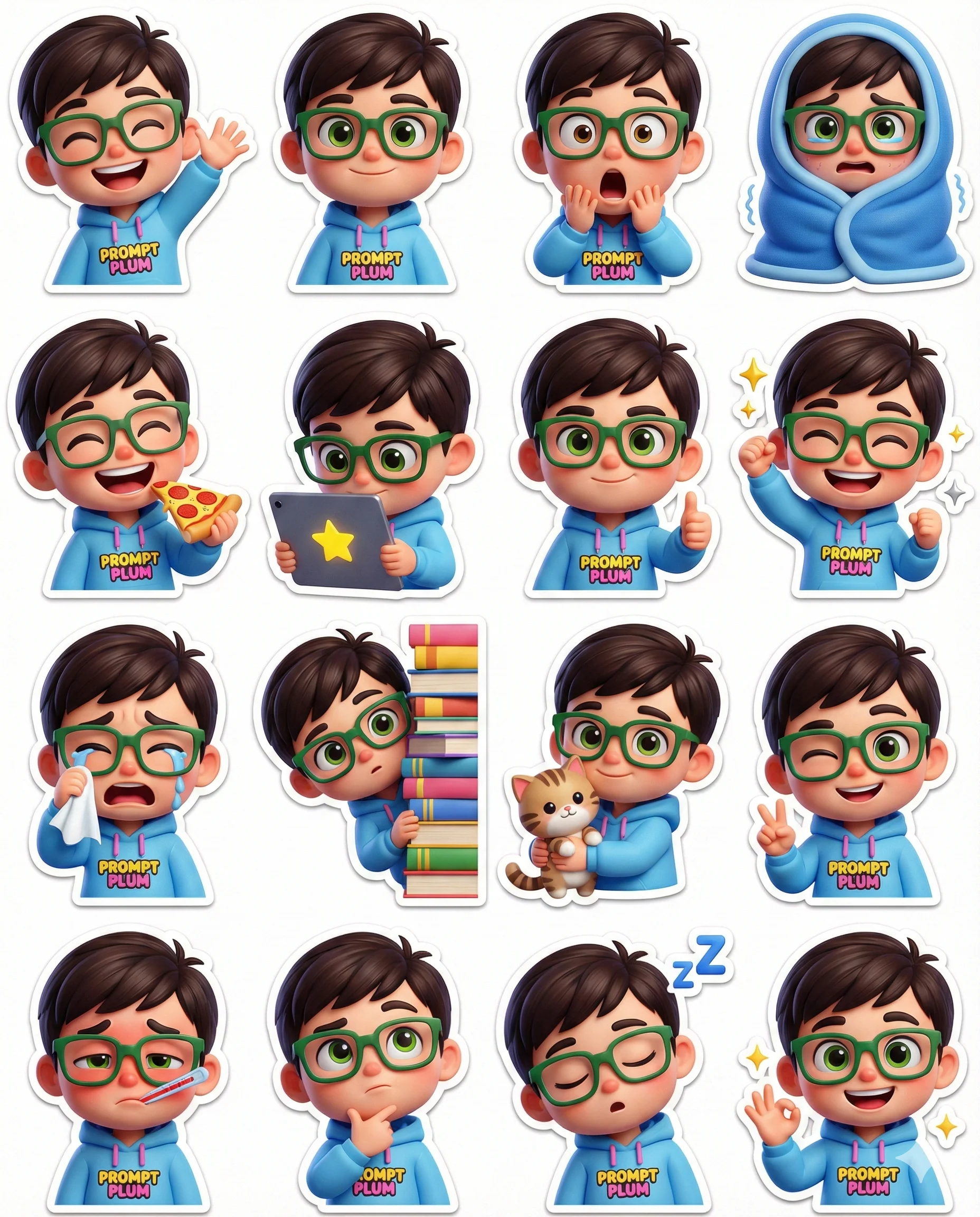 16 expressive 3D cartoon stickers of a boy with green glasses and a 'PROMPT PLUM' hoodie, showcasing various moods and actions like waving, eating pizza, and sleeping.