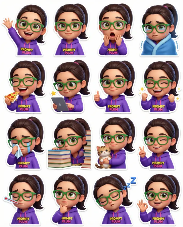 Sticker sheet featuring 16 3D cartoon girl avatars with green glasses and purple "PROMPT PLUM" hoodies. Expressions include happy, crying, sleeping, eating pizza, and studying.