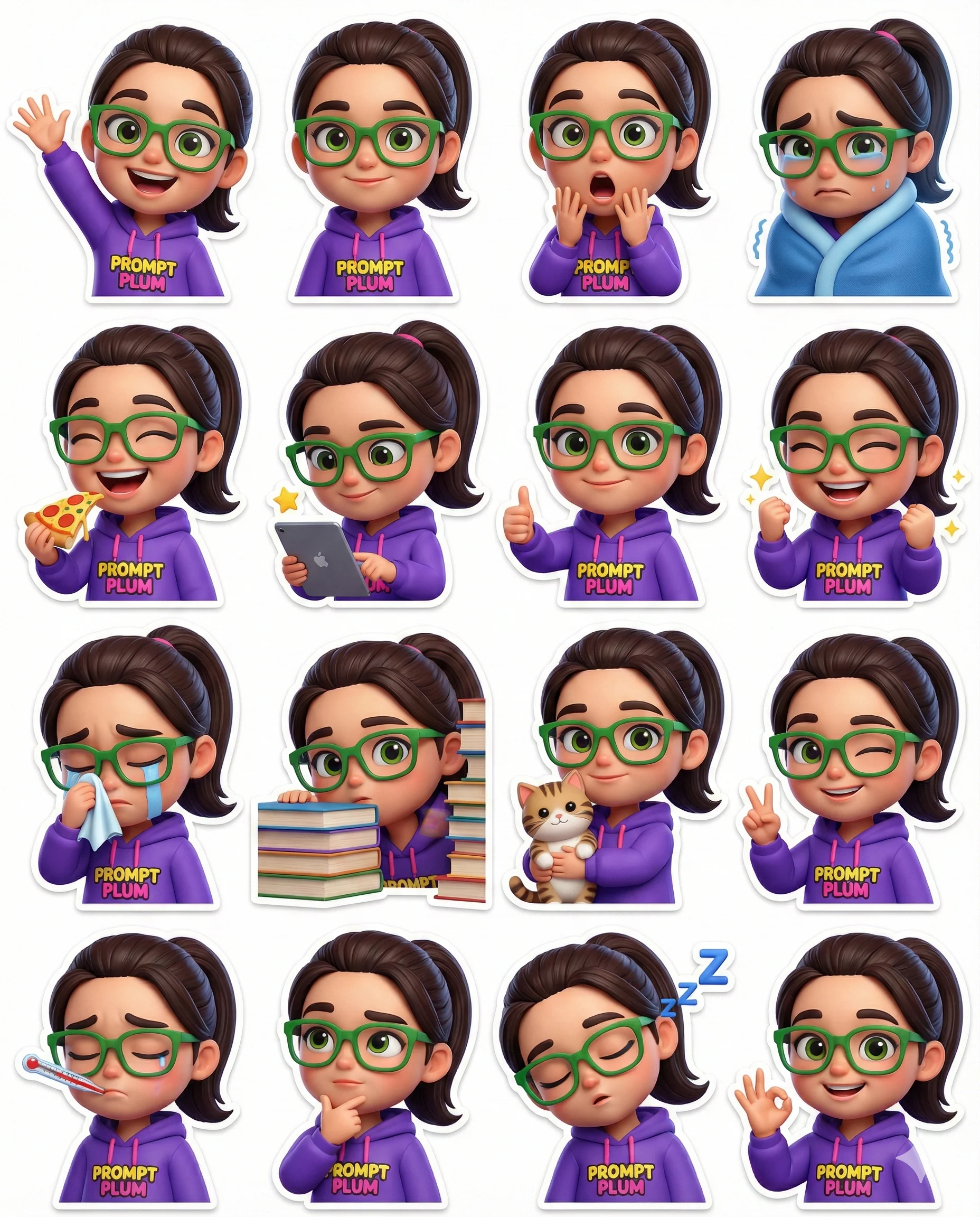 Sticker sheet featuring 16 3D cartoon girl avatars with green glasses and purple "PROMPT PLUM" hoodies. Expressions include happy, crying, sleeping, eating pizza, and studying.