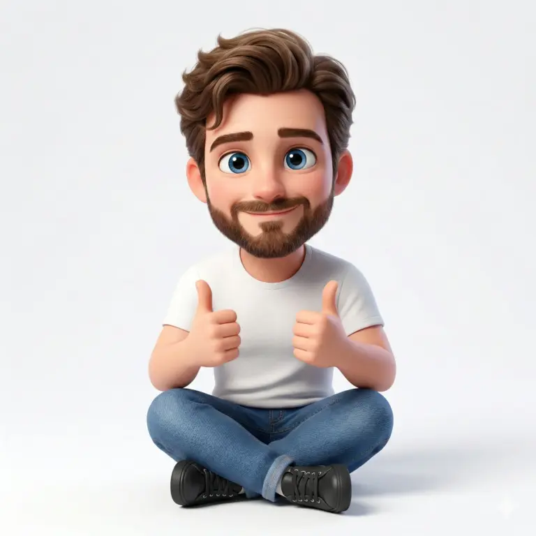 3D Pixar Style Thumbs Up AI Photo Prompt. AI generated 3D digital illustration of a bearded man in a white t-shirt and jeans sitting cross-legged while giving a double thumbs up against a white background.