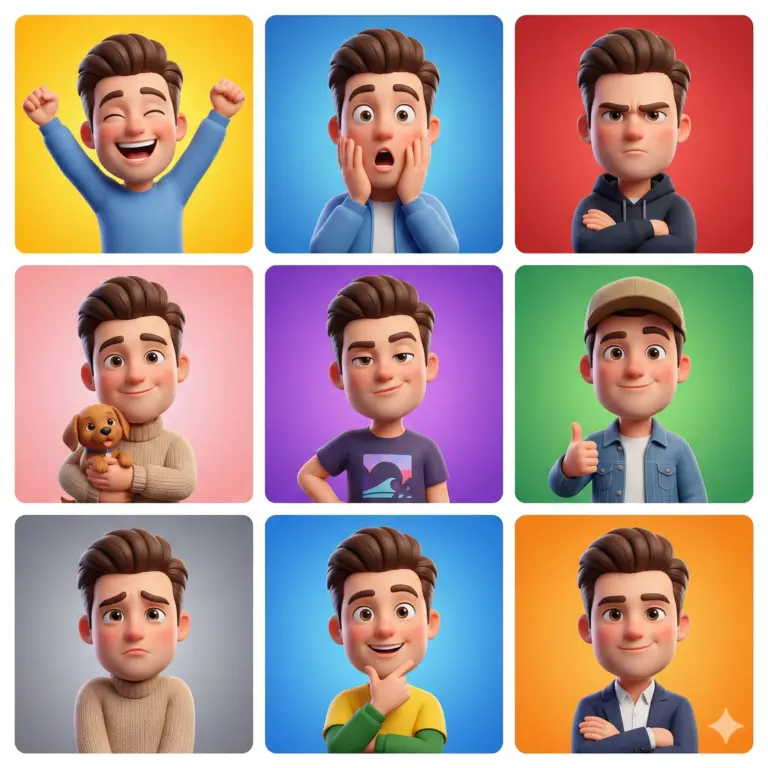 3D Character Expression Grid AI Prompt. AI generated digital illustration featuring a 3x3 grid of a young man displaying various facial expressions and outfits against colorful backgrounds.