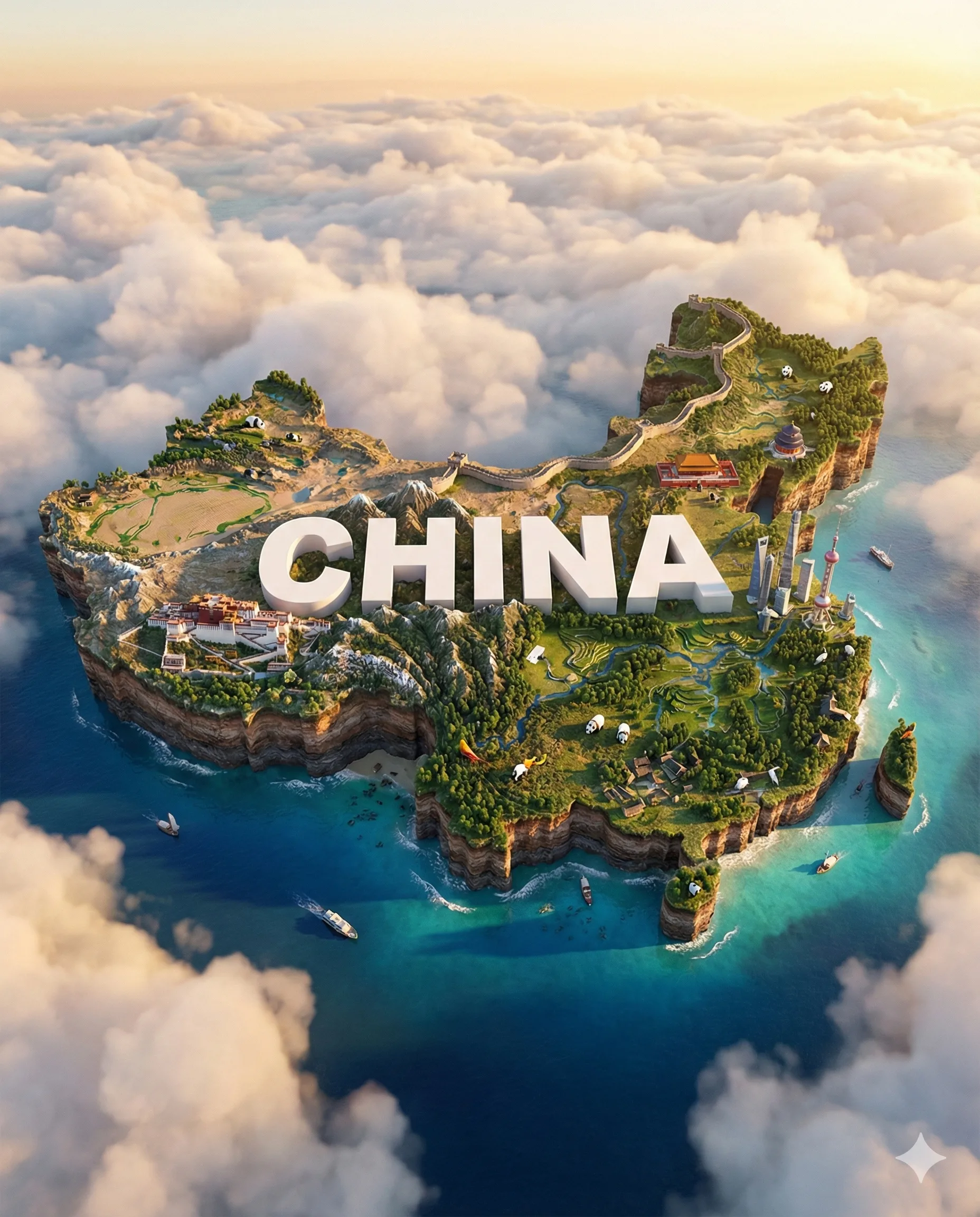 China 3D Map and Iconic Landmarks AI Art Prompt. AI generated 3D map illustration of a floating island shaped like China's borders, featuring the Great Wall, pandas, and city landmarks surrounded by a sea of clouds and ocean.