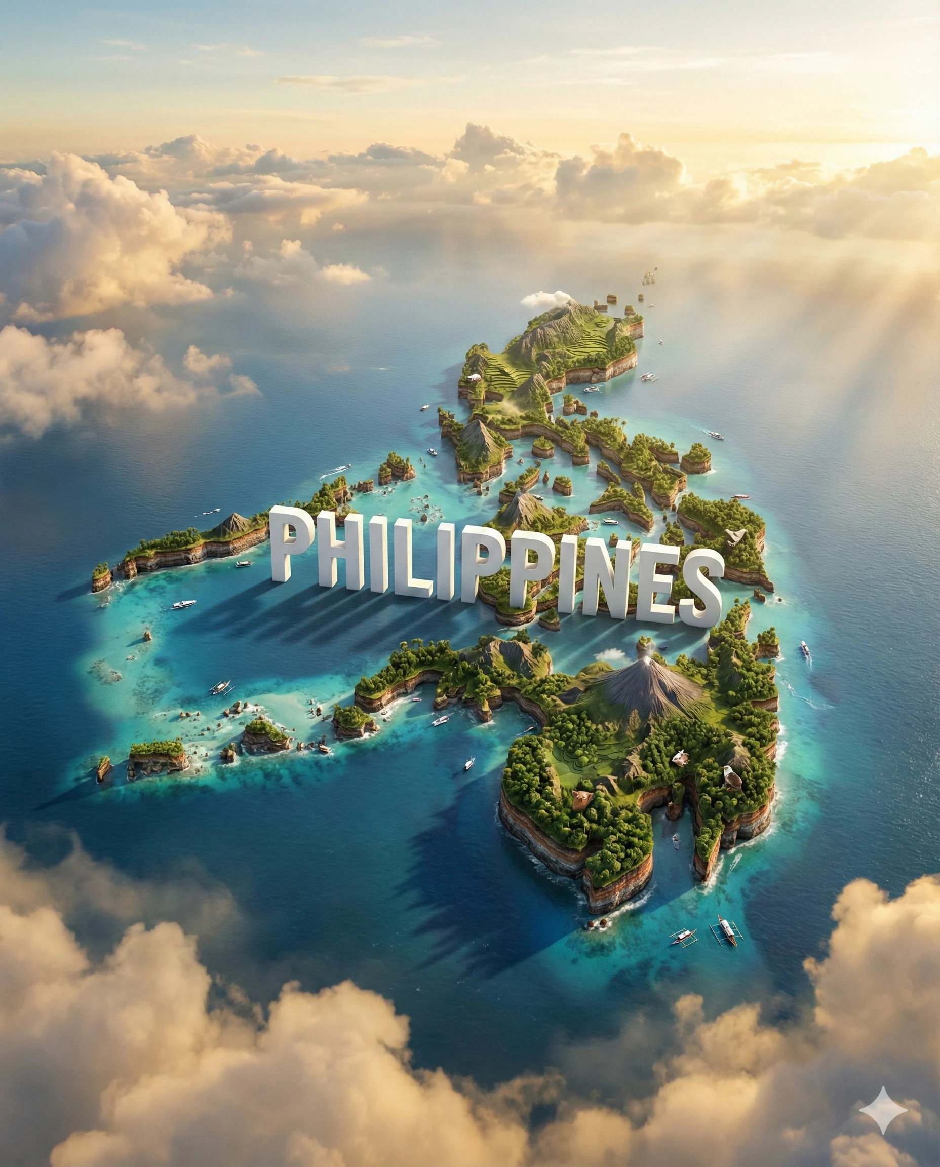 3D Philippines Map with Landmarks AI Art Prompt. AI generated 3D digital illustration of the Philippine archipelago featuring lush islands, a volcano, and bold white typography over a cinematic ocean.
