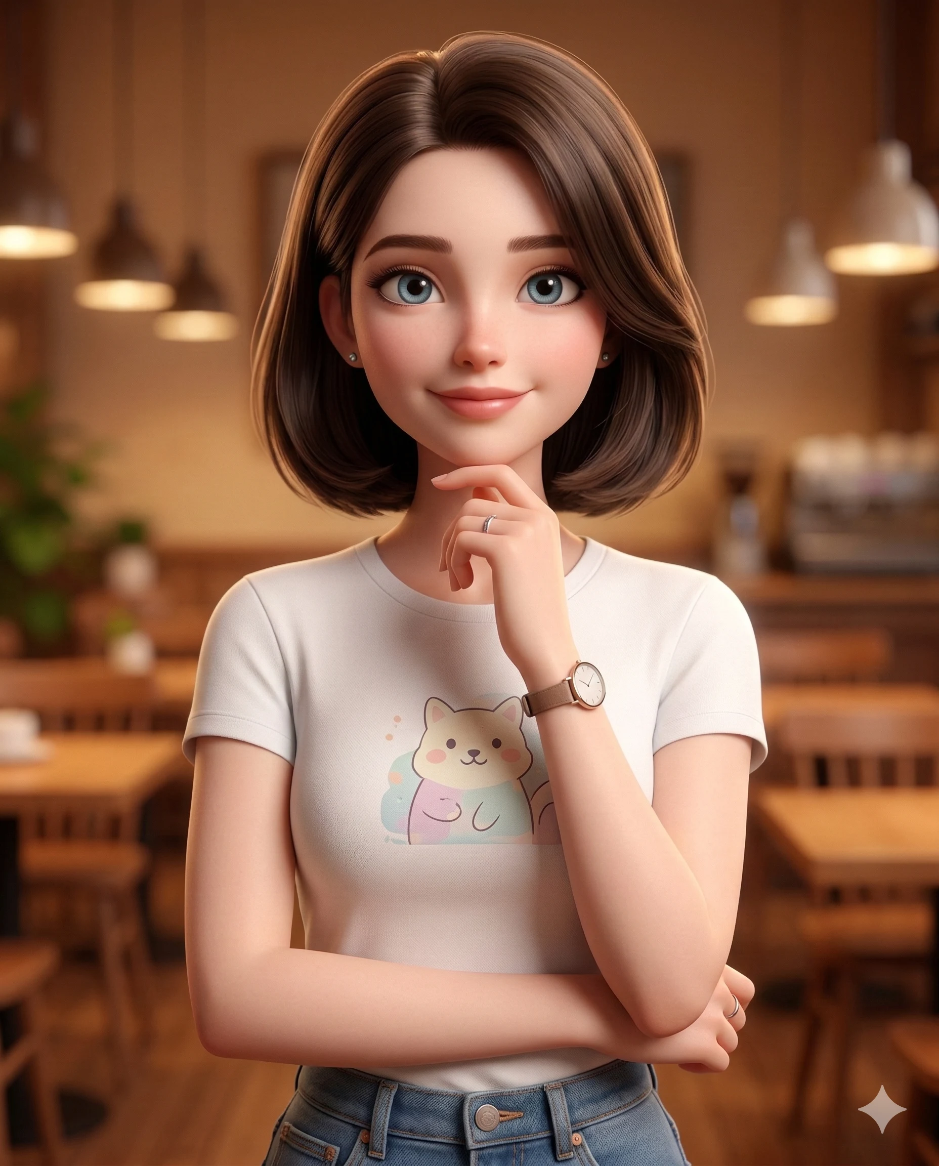 Pixar Style Young Woman AI Prompt. AI generated 3D digital illustration of a smiling woman with a brown bob hairstyle wearing a white graphic t-shirt and denim jeans in a cozy cafe setting.