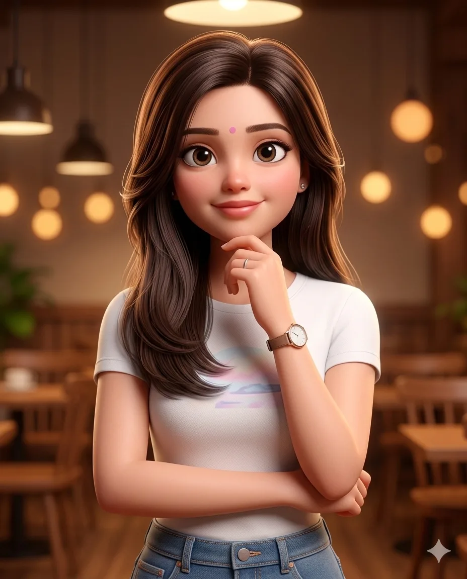 Young Woman Digital Illustration AI Prompt. AI generated 3D digital illustration of a smiling young woman with a pink bindi posing thoughtfully in a cozy, warm-lit cafe setting.