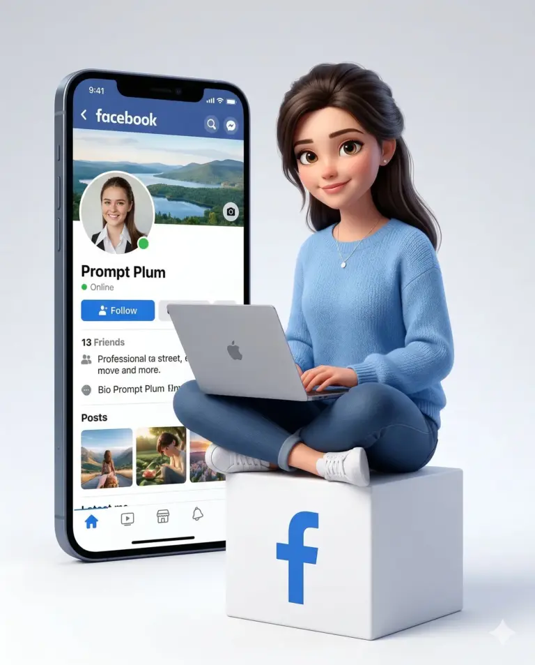 Gemini said Girl with Laptop and Facebook Profile AI Photo Editing Prompt. AI generated 3D digital illustration of a young woman in a blue sweater sitting on a Facebook logo cube while using a laptop next to a large smartphone displaying a Facebook profile.