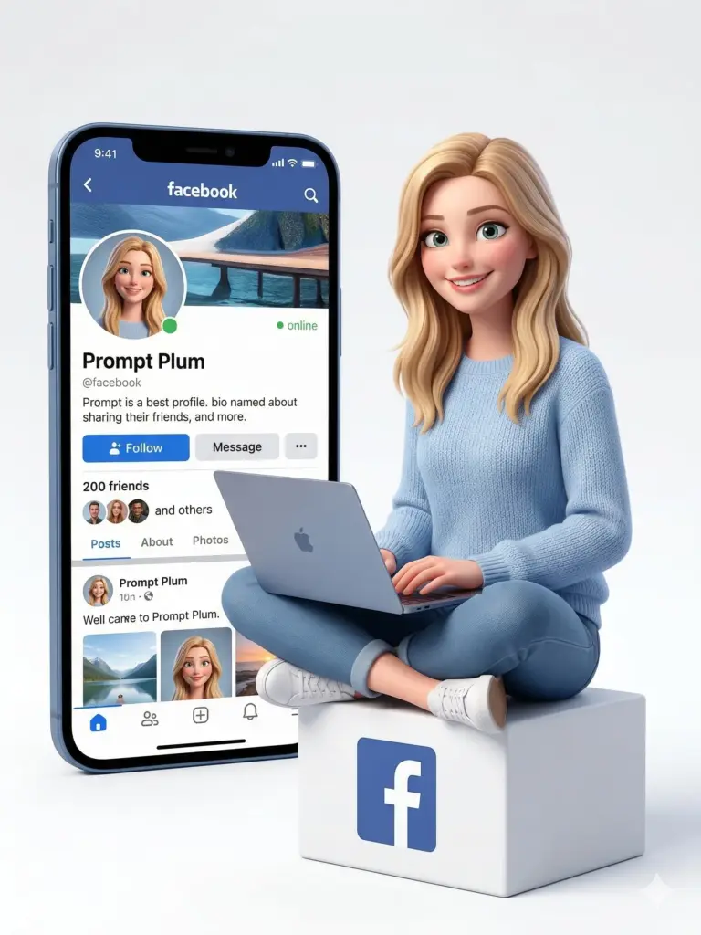 Woman with Facebook Profile Avatar Prompt. AI generated 3D digital illustration of a blonde woman sitting on a Facebook logo box with a laptop next to a large smartphone displaying her profile.