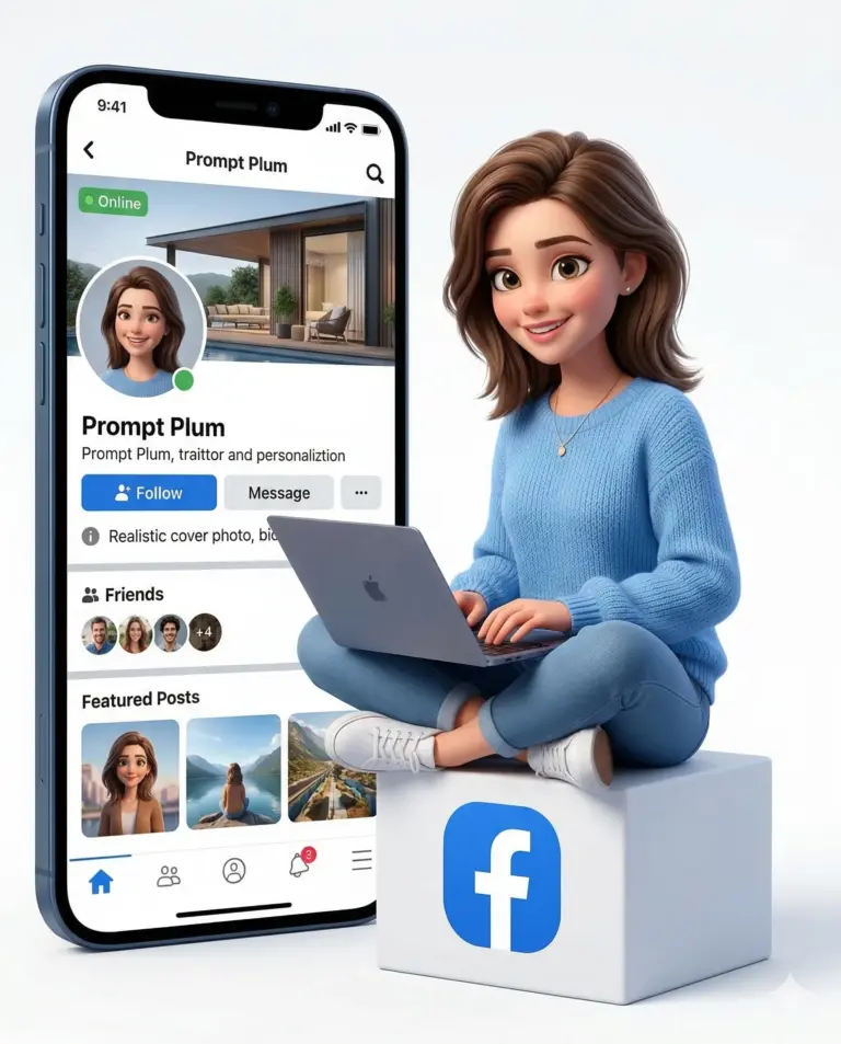 3D Girl with Laptop and Facebook Profile Prompt. AI generated 3D digital illustration of a girl in a blue sweater sitting with a laptop next to a giant smartphone displaying her social media profile.