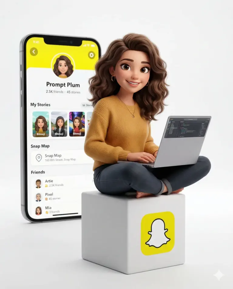 Snapchat Girl with Laptop 3D Pixar-style Avatar Prompt. AI generated 3D digital illustration of a curly-haired girl sitting on a Snapchat logo cube while using a laptop in front of a giant smartphone.