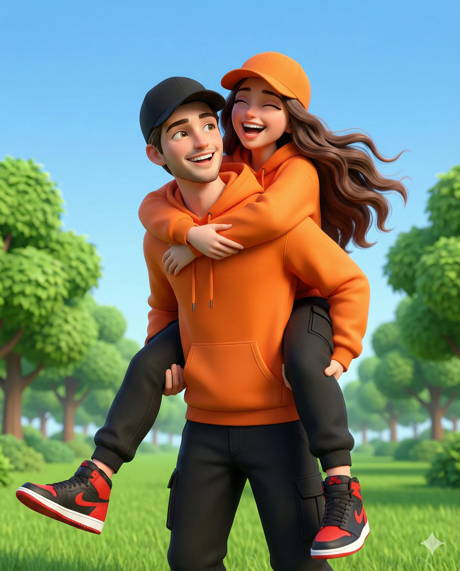 3D Couple Piggyback AI Photo Editing Prompt. AI generated 3D digital illustration of a smiling young man giving a woman a piggyback ride while wearing matching orange hoodies and caps in a vibrant green park.