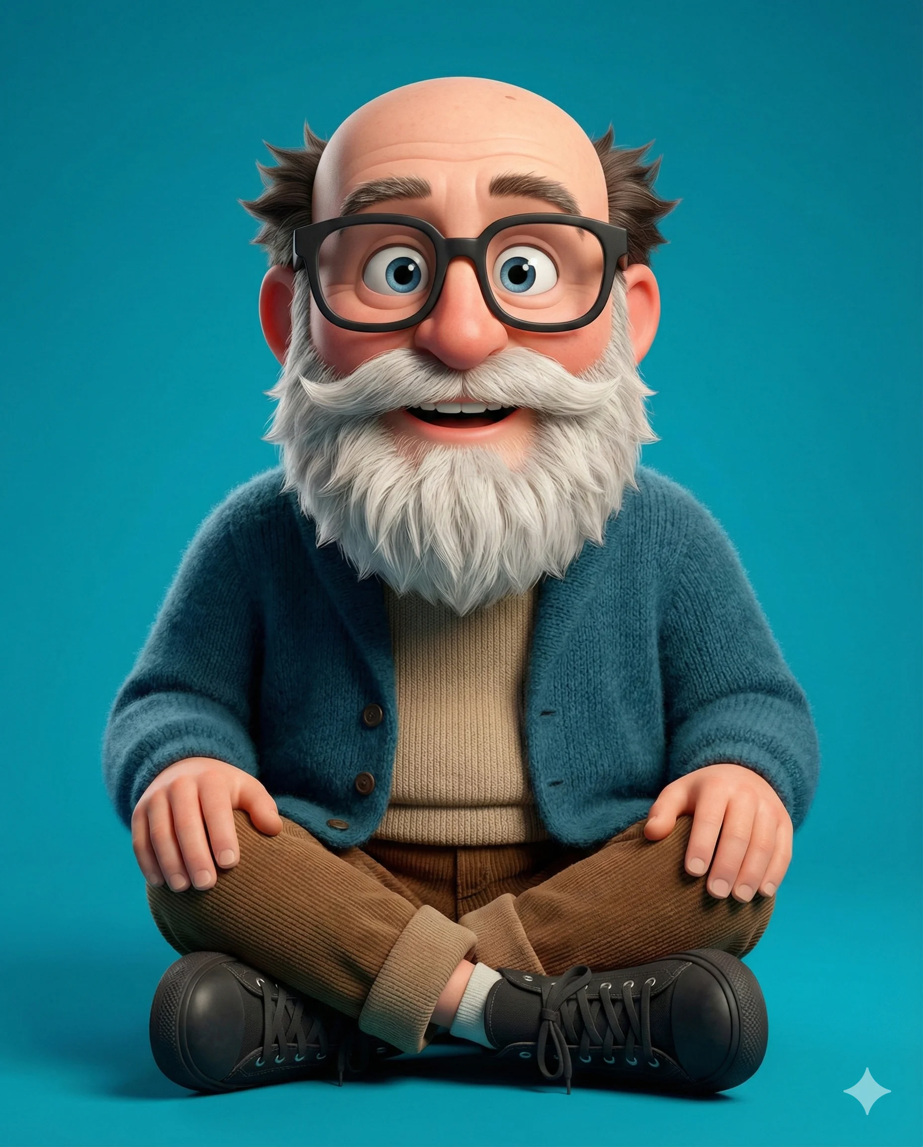 3D Elderly Man Illustration AI Prompt. AI generated 3D character illustration of a smiling elderly man with a white beard and glasses sitting cross-legged in a blue cardigan.