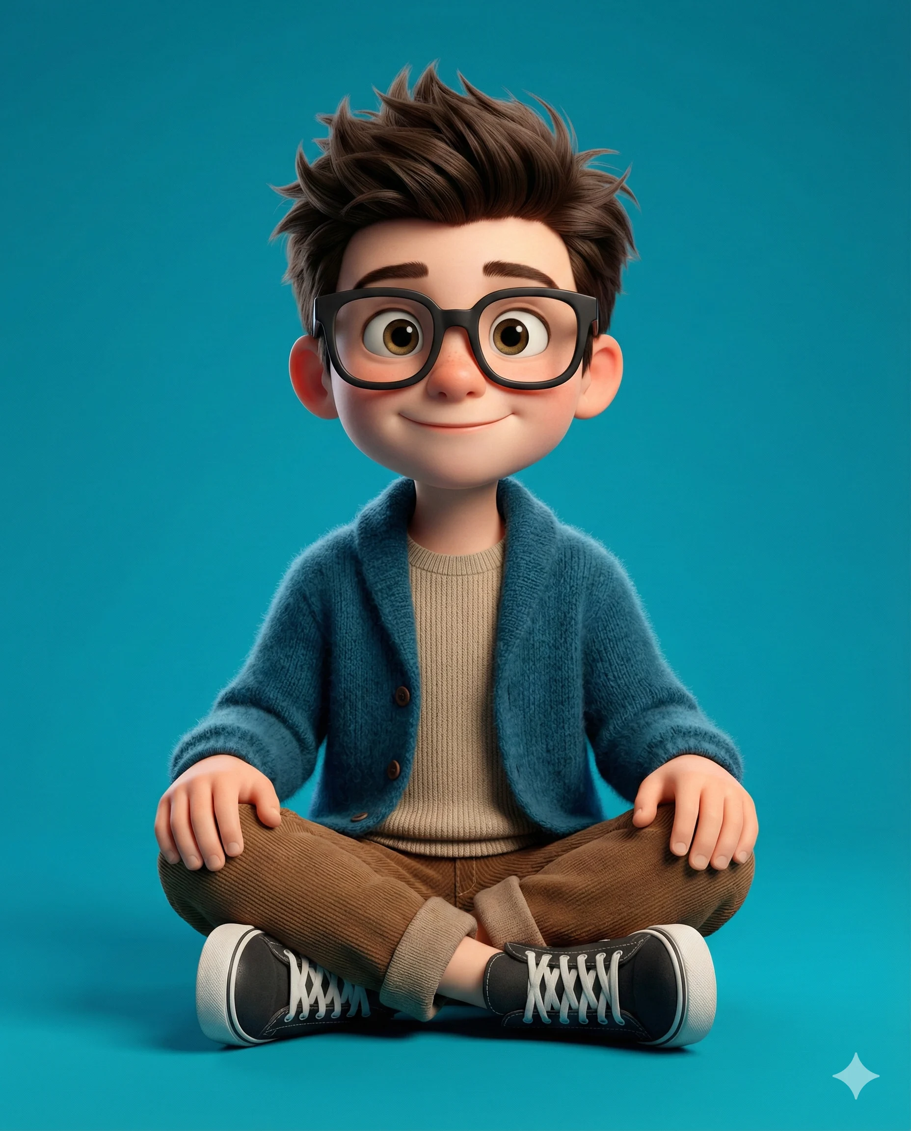 3D Boy Character Design AI Prompt. AI generated 3D character illustration of a smiling boy in a blue cardigan sitting cross-legged on a teal background.