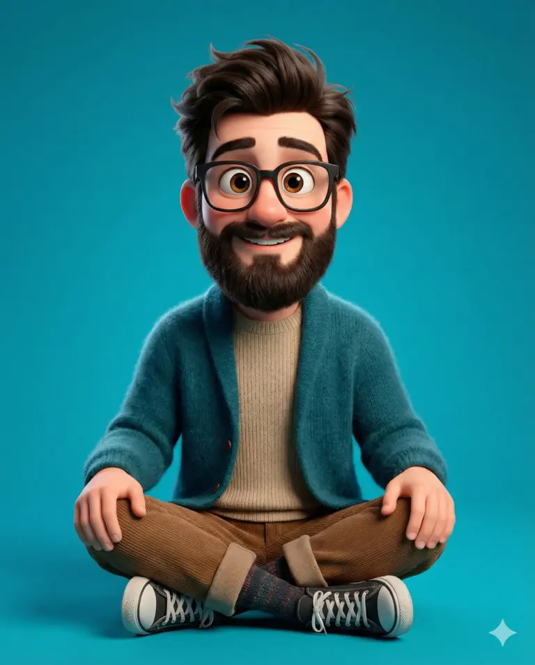 3D Male Character Design AI Prompt. AI generated 3D digital illustration of a smiling man with glasses and a beard sitting cross-legged in a teal cardigan and brown corduroy pants against a solid teal background.
