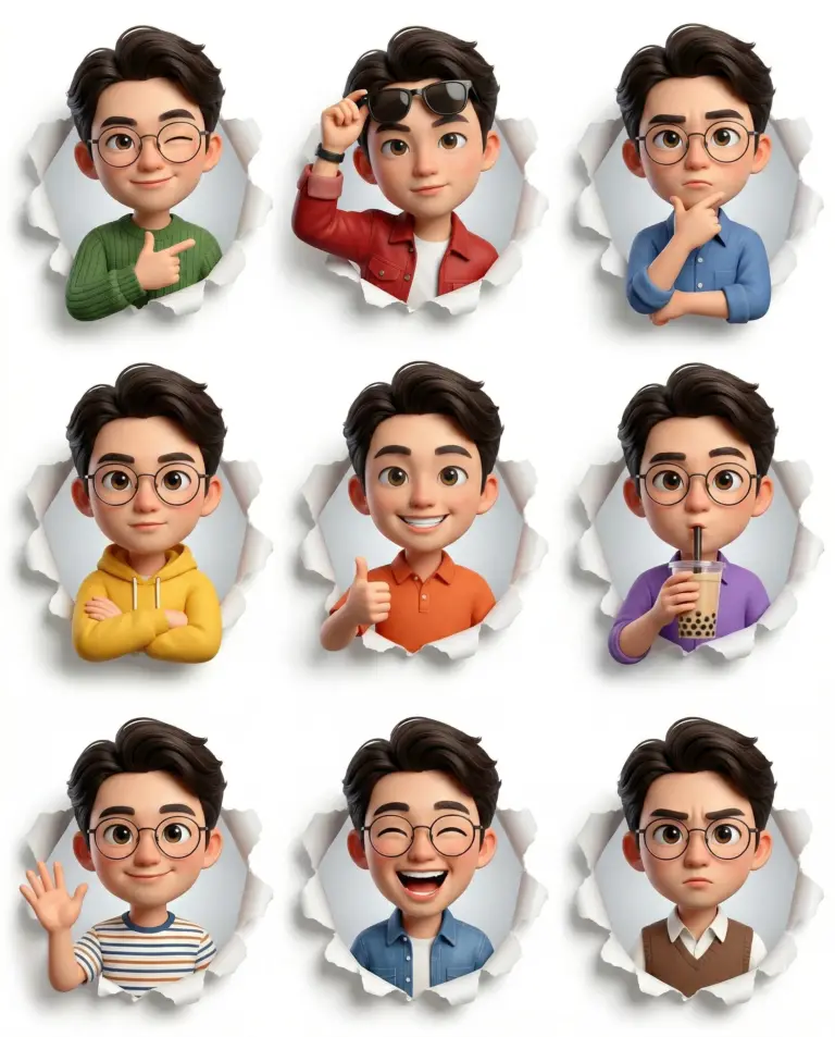 3D Stylized Male Avatar Stickers AI Prompt. AI generated 3D digital illustration of a grid showing a young man with glasses in various expressions and poses through torn paper holes.