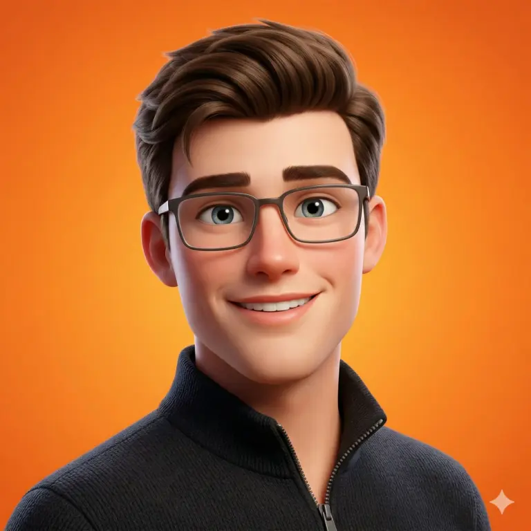 3D Smiling Man AI Avatar Generation Prompt. AI generated digital illustration of a young man with styled brown hair and glasses wearing a black zip-up sweater against a vibrant orange background.