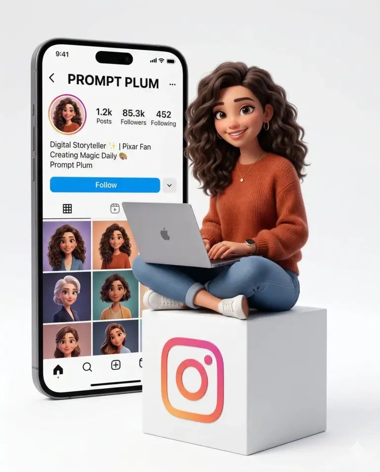 3D Girl with Instagram Profile AI Photo Editing Prompt. AI generated 3D digital illustration of a curly-haired girl sitting on an Instagram logo block with a laptop next to a large smartphone displaying her profile.