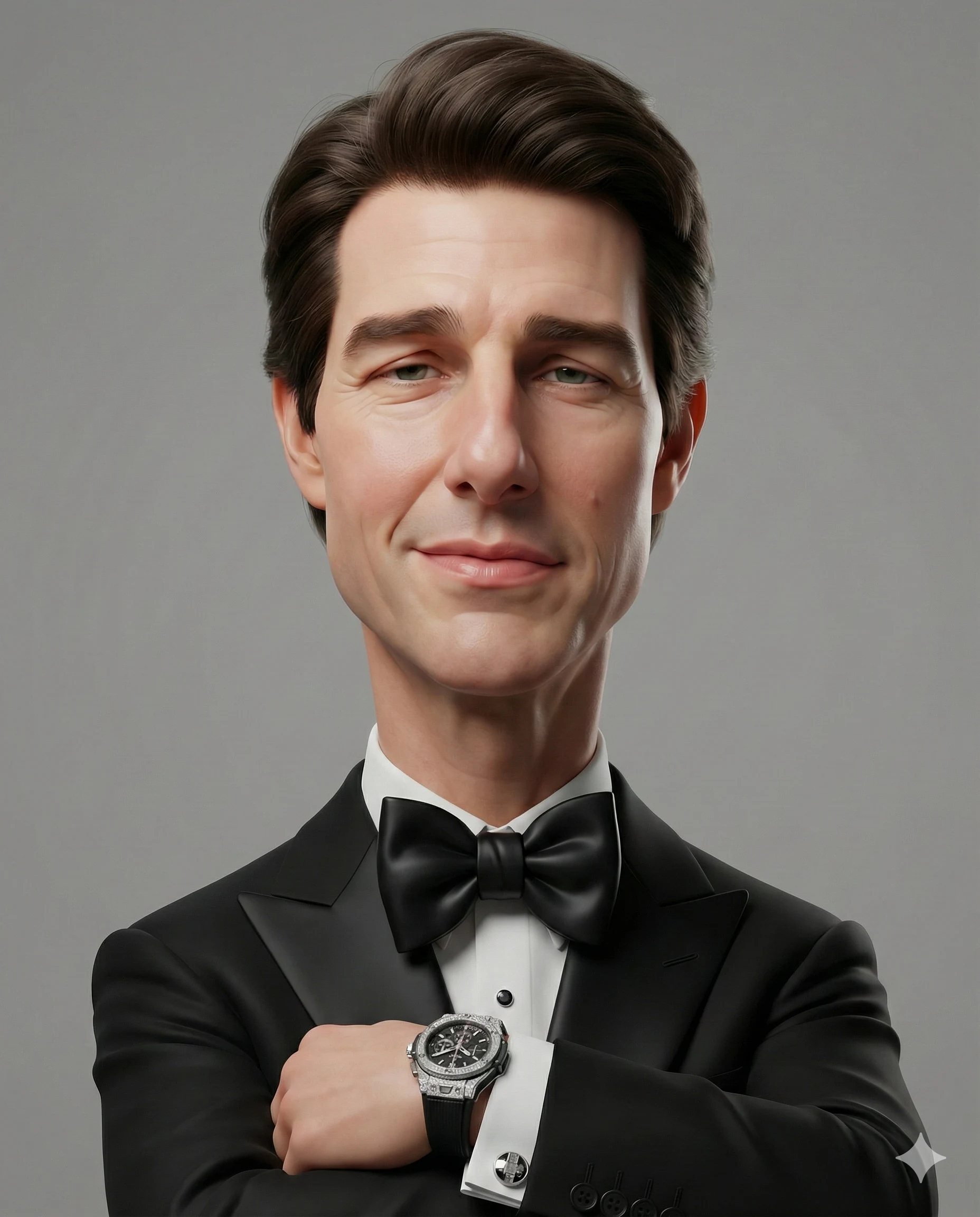 3D Stylized Man in Tuxedo AI Illustration Prompt. AI generated 3D digital illustration of a charismatic man wearing a formal black tuxedo and luxury wristwatch with arms crossed against a neutral background.