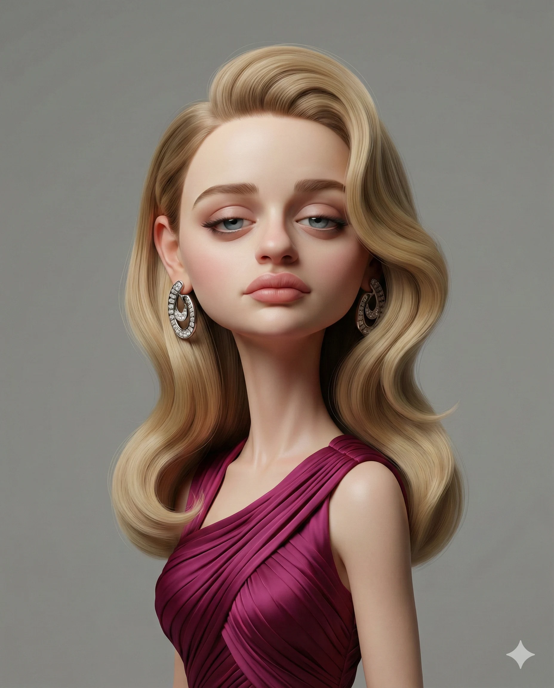 Blonde 3D Stylized Character Digital Illustration Prompt. AI generated 3D digital illustration of a woman with blonde wavy hair wearing a draped purple dress and silver earrings.