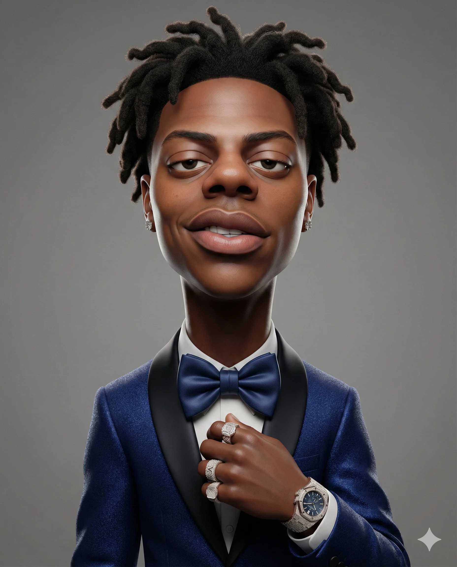 Young Black Man in Blue Tuxedo AI Illustration Prompt. AI generated 3D digital illustration of a stylish man with dreadlocks wearing a blue tuxedo, bow tie, and luxury diamond jewelry.