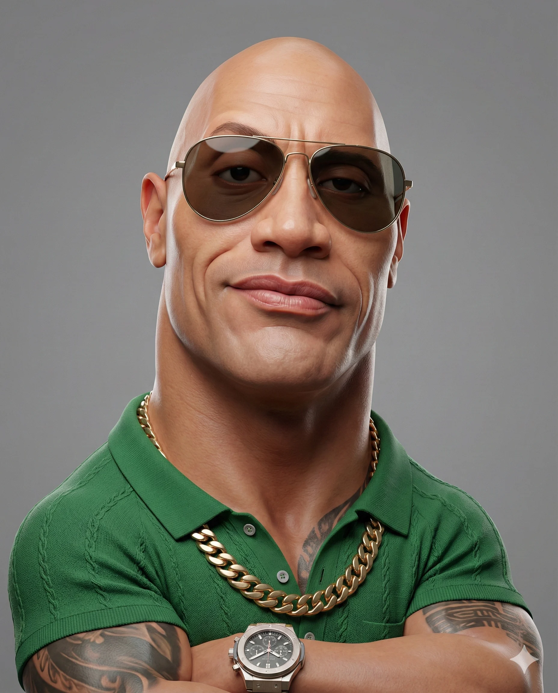 3D Stylized Muscle Man in Green Polo Illustration Prompt. AI generated 3D digital illustration of a bald, muscular man wearing aviator sunglasses, a gold chain, and a green polo shirt.