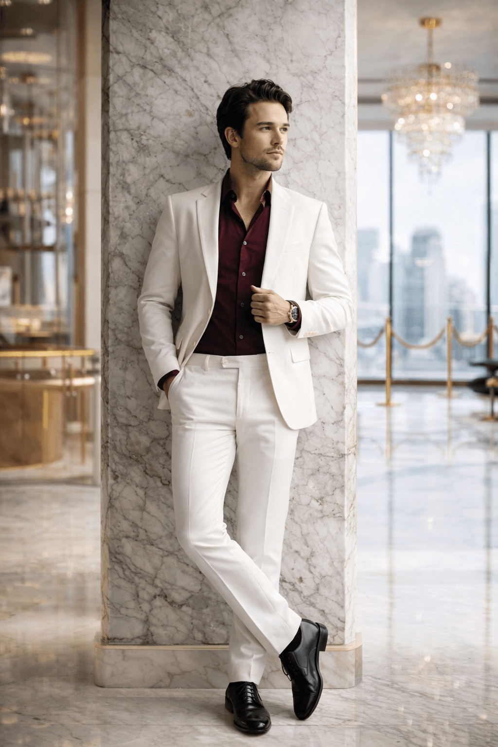 AI Generated Image: A full photograph shows a man in a white suit leaning against a marble pillar in a posh hotel lobby. He is wearing a white suit jacket over a maroon button-up shirt, white pants, and black dress shoes. He has a silver wristwatch on his left wrist. He is looking off to the right side of the frame, and his left hand is in his pocket. His right hand is touching the left lapel of his jacket. The marble pillar behind him is white with gray veins. The floor is made of polished light-brown marble tiles. In the background, there are large windows with a view of a city skyline. A large crystal chandelier hangs from the ceiling in the upper right corner. In the background, to the left, there is a brass structure. The natural light comes from the windows on the right.