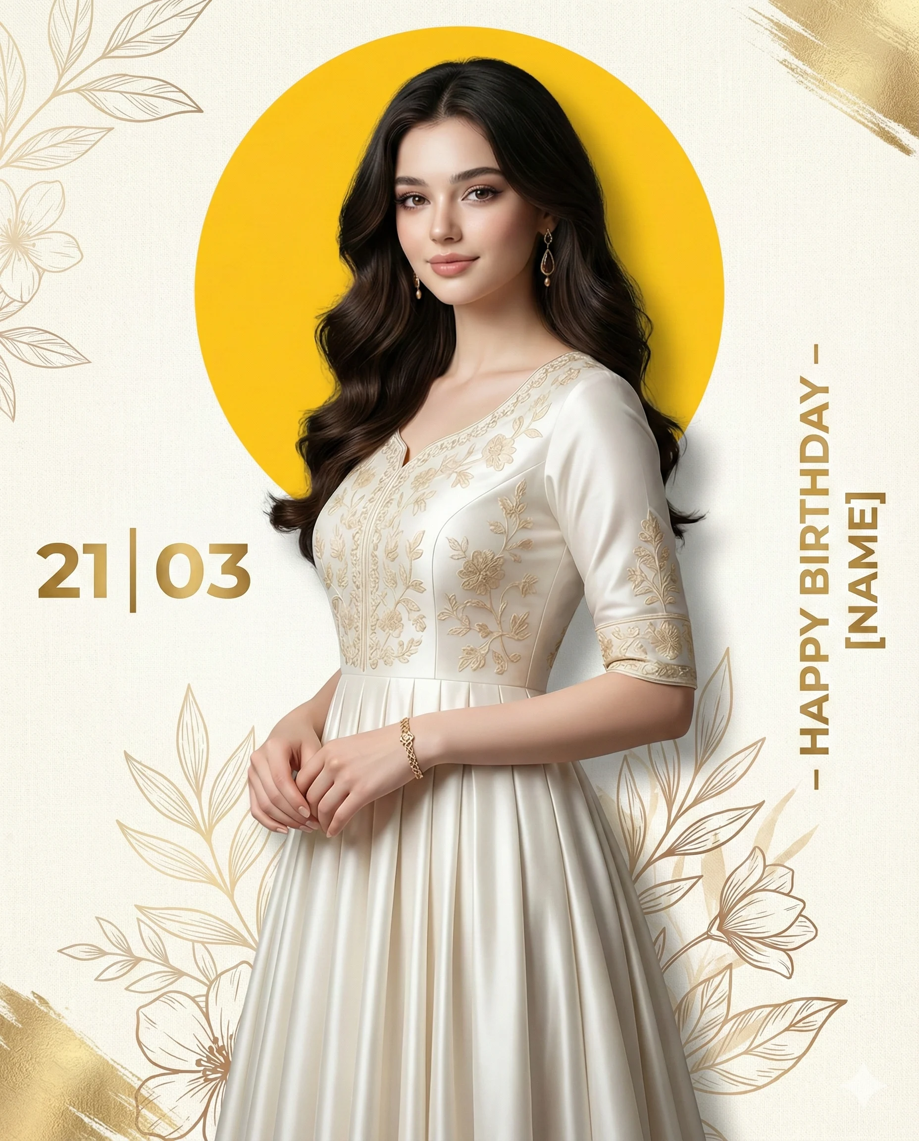 Woman Birthday Greeting Prompt. AI generated digital illustration of a woman in an embroidered cream dress featuring a yellow circular backdrop and golden floral details.