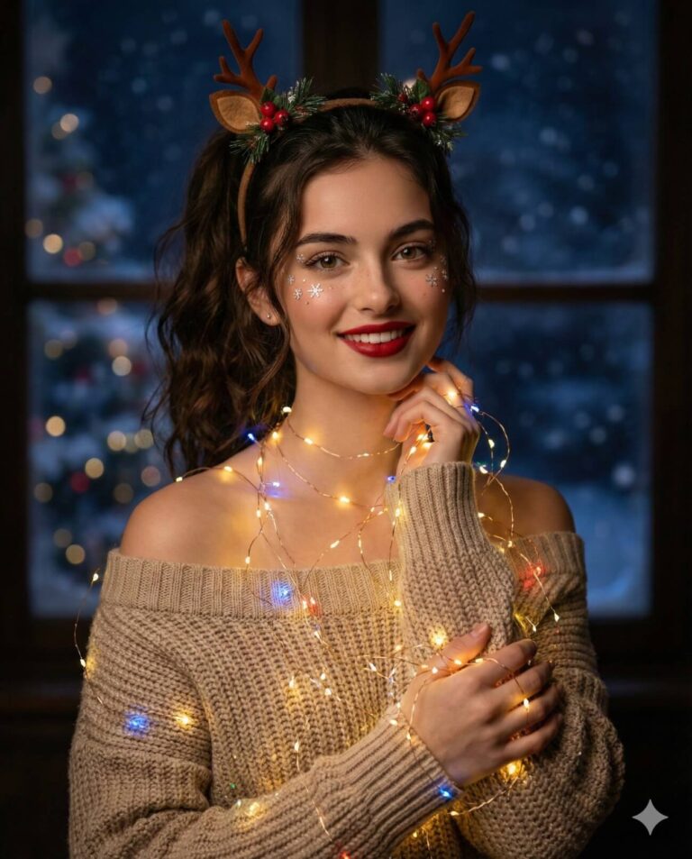 Gemini AI Generated Festive Image: a smiling young woman wearing a beige off-the-shoulder sweater and a playful reindeer antler headband. She is wrapped in a string of glowing fairy lights, and her cheeks are decorated with delicate white snowflake makeup. The background shows a dark window with a blurred, snowy winter scene, creating a cozy and cheerful holiday atmosphere. Would you like help generating a caption for this image?