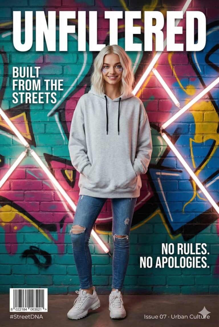 Gemini AI Generated Image: A magazine cover titled "UNFILTERED" features a young woman with blonde hair and face glitter, wearing a grey hoodie and ripped blue jeans, standing in front of a brick wall covered in colorful graffiti and geometric neon lights. Text on the cover includes "BUILT FROM THE STREETS" on the left, "NO RULES. NO APOLOGIES." on the right, "Issue 07 • Urban Culture" and "#StreetDNA" at the bottom, along with a barcode.