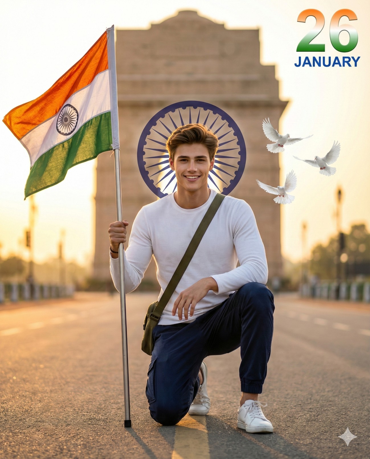 Gemini AI Generated Image of a Man kneeling with Indian flag at India Gate, doves, and Chakra halo. '26 January' theme.