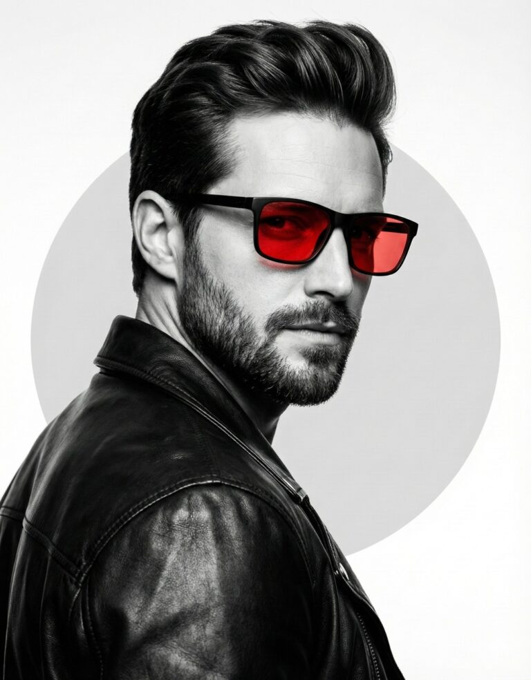 Gemini AI Generated Image: a stylish male subject in a monochromatic palette accented by vibrant red details. The man, shown in a profile view looking back over his shoulder, has a well-groomed beard and dark hair styled in a voluminous, swept-back pompadour. He is wearing a classic black leather motorcycle jacket that adds a rugged texture to the shot. The focal point of the image is his black-framed sunglasses with translucent, bright red lenses, which stand out boldly against the black-and-white composition. The background is a clean white with a large, soft gray circle positioned behind his head, giving the portrait a modern, graphic design aesthetic.