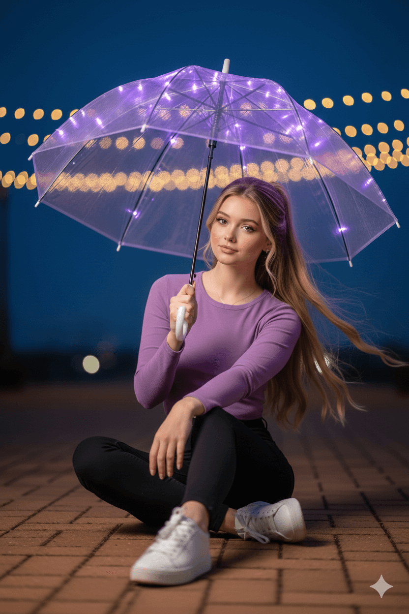 Gemini AI Generated Image: A young woman with long blonde hair sits cross-legged on a brick pathway at night, holding a clear umbrella illuminated with purple fairy lights. She is wearing a purple long-sleeved shirt, black pants, and white sneakers. The background features a deep blue twilight sky and out-of-focus warm yellow string lights, creating a soft bokeh effect.