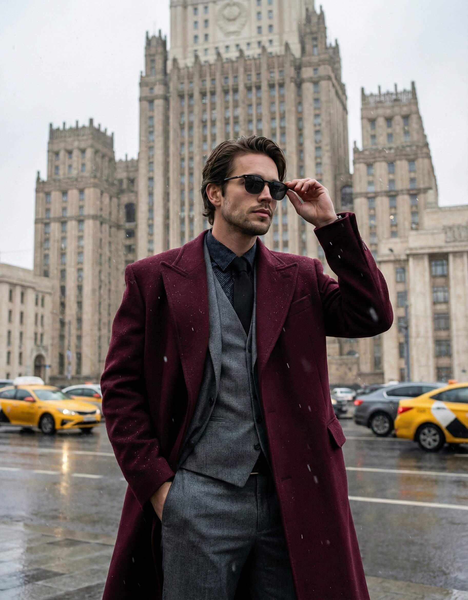 Gemini Generated Image: A sharply dressed man in a burgundy coat and grey suit stands on a wet city street, adjusting his sunglasses. A large, imposing building and several yellow taxis are in the background.