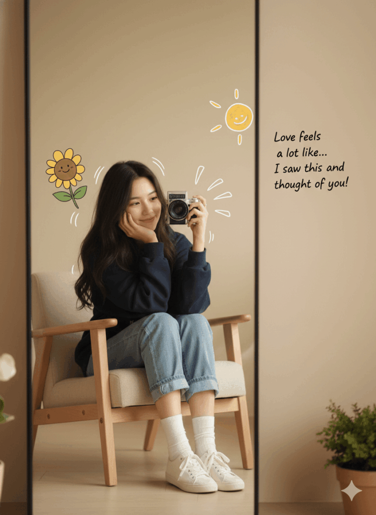 Gemini Generated Image: A young woman is taking a mirror selfie while sitting in a wooden chair, holding a vintage camera. The mirror has cute doodles of a sun and a sunflower, along with the handwritten text: "Love feels a lot like... I saw this and thought of you!"