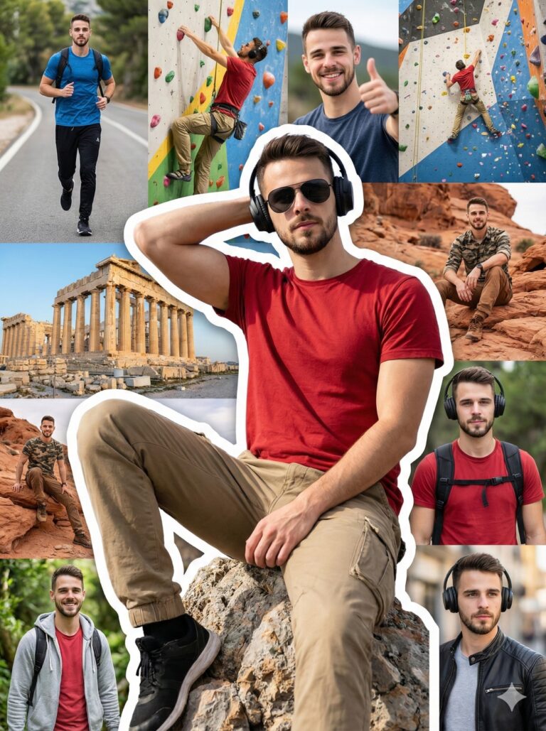 Gemini Generated: This is a photo collage featuring a young, fit man in various active and travel settings. The main image shows him sitting outdoors, wearing a red t-shirt and sunglasses with headphones. Smaller images show him running, rock climbing, traveling, and posing in different outfits.