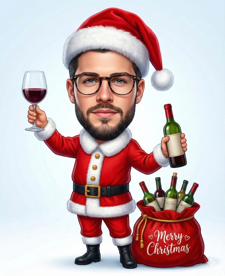 Gemini Generated Image: A cartoon or caricature of a young, bearded man wearing a Santa suit and hat and glasses. He is holding a glass of red wine in one hand and a bottle of wine in the other. There is also a red sack full of wine bottles next to him with the words "Merry Christmas" written on it.