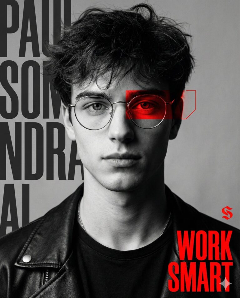 Gemini AI Generated Image: a striking, high-contrast portrait of a young man with messy dark hair, wearing round wire-rimmed glasses and a black leather jacket. The image creates a bold, editorial aesthetic by combining a black-and-white base with vivid red graphical accents. A red rectangular overlay covers his left eye, suggesting a futuristic or cybernetic theme, while large, vertical black typography frames the left side. In the bottom right corner, the motivational phrase "WORK SMART" is displayed in bold red letters along with a small logo.