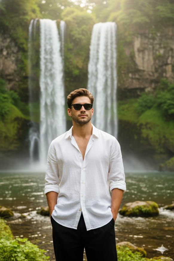 Gemini AI Generated Image: A medium shot of a young man standing in front of two tall waterfalls cascading down a lush, green cliff. He is wearing a white button-down shirt with rolled-up sleeves, black pants, and dark sunglasses. He is facing forward with his hands in his pockets, standing near the edge of a rocky pool of water at the base of the falls.