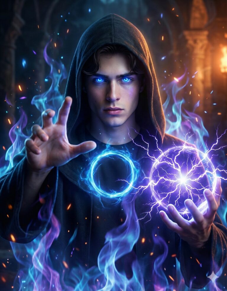 Gemini AI Generated Image of A hooded mage with glowing blue eyes wields a purple lightning sphere and a blue magical ring, surrounded by blue flames and embers in a dark setting.