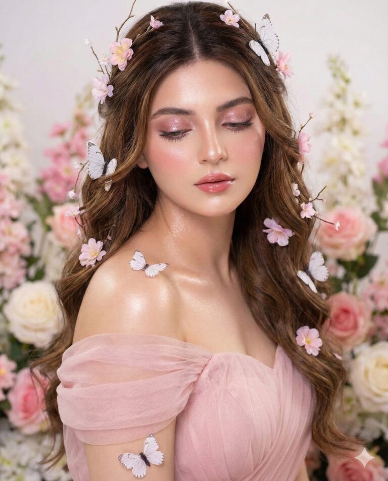 Gemini AI Generated Image: A close-up, ethereal portrait of a young woman with long, wavy brown hair adorned with small pink blossoms and white butterflies. She wears a soft pink, off-the-shoulder tulle dress and features dewy, glowing makeup with shimmering pink eyeshadow. Her eyes are cast downward in a serene expression, set against a background of blurred white and pink flowers.