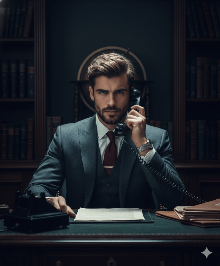 Prompt Gemini: A man in a sharp, three-piece charcoal suit...