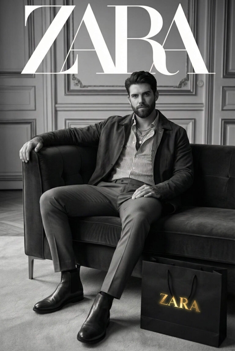 Gemini AI Generated Image: A black and white editorial-style image showing a man with a beard sitting on a velvet sofa in a paneled room. He wears a jacket, striped shirt, trousers, and Chelsea boots. The word "ZARA" overlays the top of the image in large white letters, and a black shopping bag with a gold Zara logo rests on the carpet near his feet.