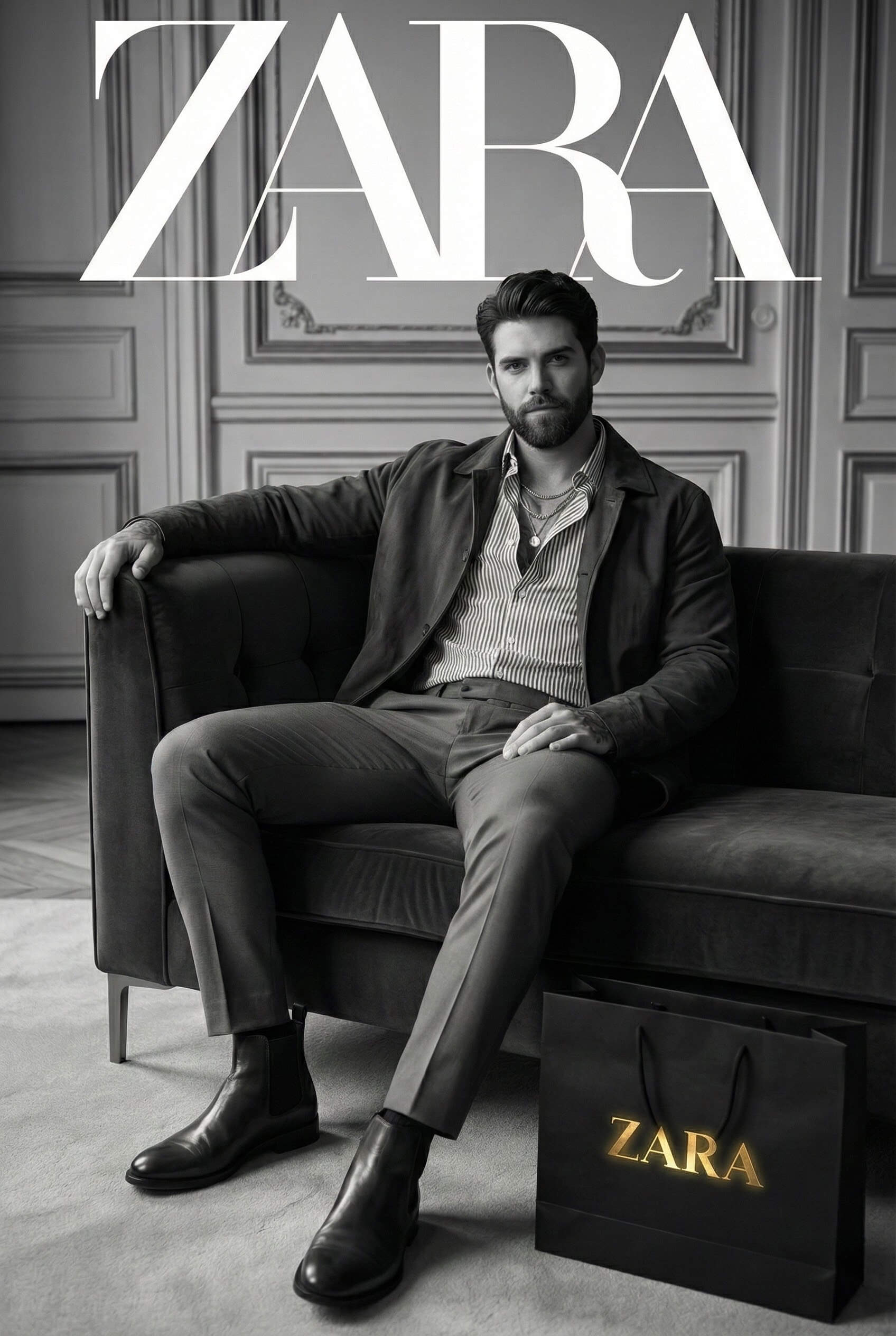 Gemini AI Generated Image: A black and white editorial-style image showing a man with a beard sitting on a velvet sofa in a paneled room. He wears a jacket, striped shirt, trousers, and Chelsea boots. The word "ZARA" overlays the top of the image in large white letters, and a black shopping bag with a gold Zara logo rests on the carpet near his feet.