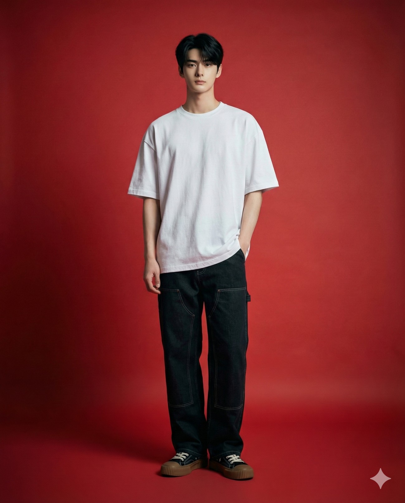Gemini AI Generated Image of a Young man in a white t-shirt and dark pants posing against a bold red background. Minimalist studio portrait.