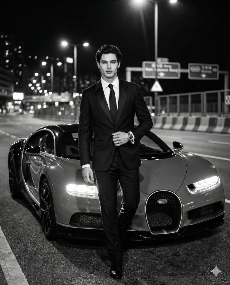 Gemini AI Generated Image of a stylish man in a suit poses in front of a Bugatti on a city street at night.