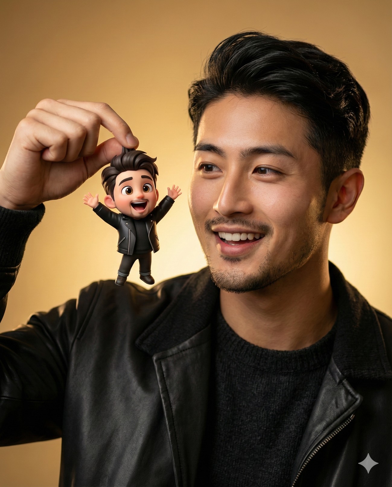 Gemini AI Generated of a smiling man in a leather jacket holds a tiny, cute 3D cartoon version of himself.