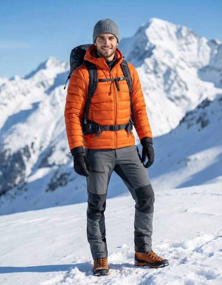 Gemini AI Generated Image: A full-body shot of a smiling man standing in a snowy mountain landscape. He is wearing a bright orange puffer jacket, a grey beanie, hiking pants with reinforced knees, black gloves, and brown boots, while carrying a backpack.